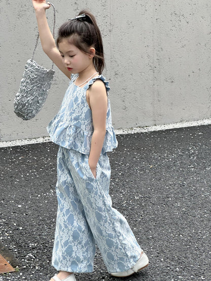 CJ4116夏季韓版女童蕾絲飛袖吊帶上衣闊腿褲兩件套2024.06.11