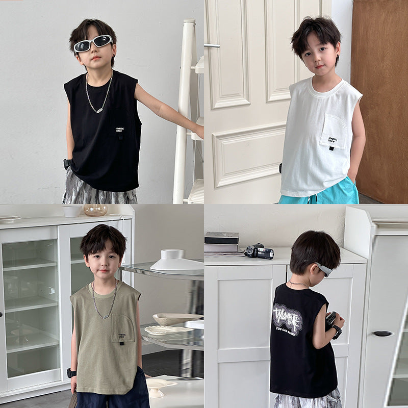 EK0849夏季兒童無袖帥氣印花字母口袋寬鬆背心2024.07.09