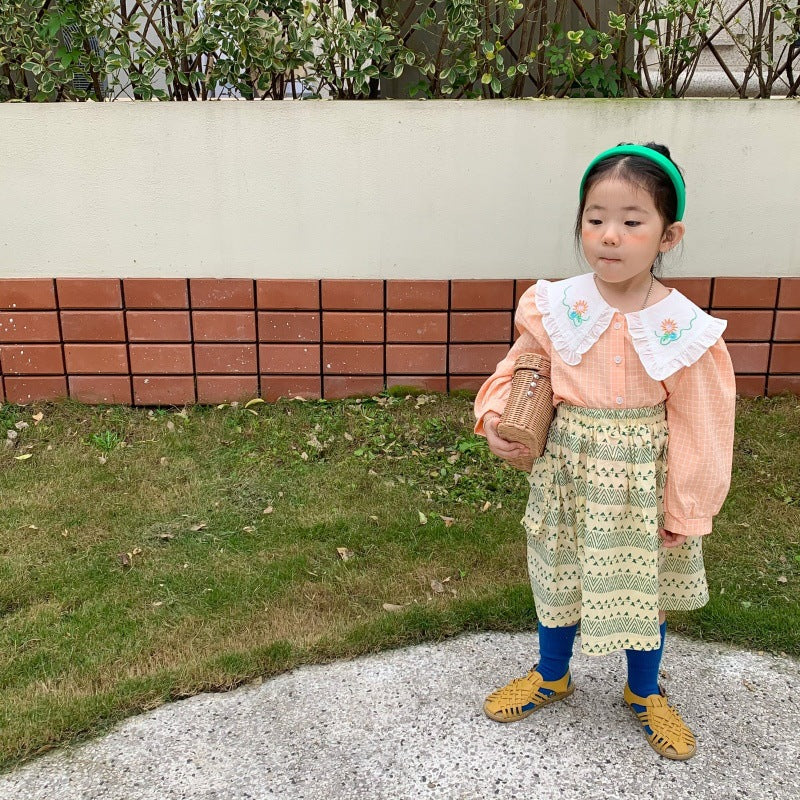 AD1023韓版春秋襯衣花邊刺繡領格子襯衫2023.12.29