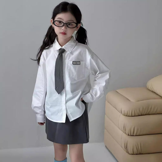 CA4182秋季女童學院風貼標襯衫灰色短裙兩件套2024.08.06