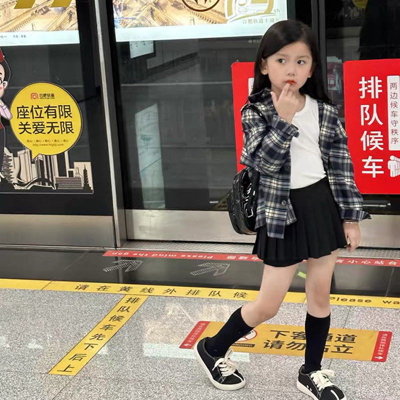 CA3559秋季韓版百搭格子襯衫純色打底背心百褶裙褲套裝2023.08.29