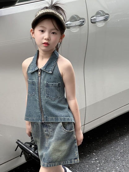 CJ4922夏季女童辣妹風牛仔露背上衣短裙套裝兩件套2024.06.11