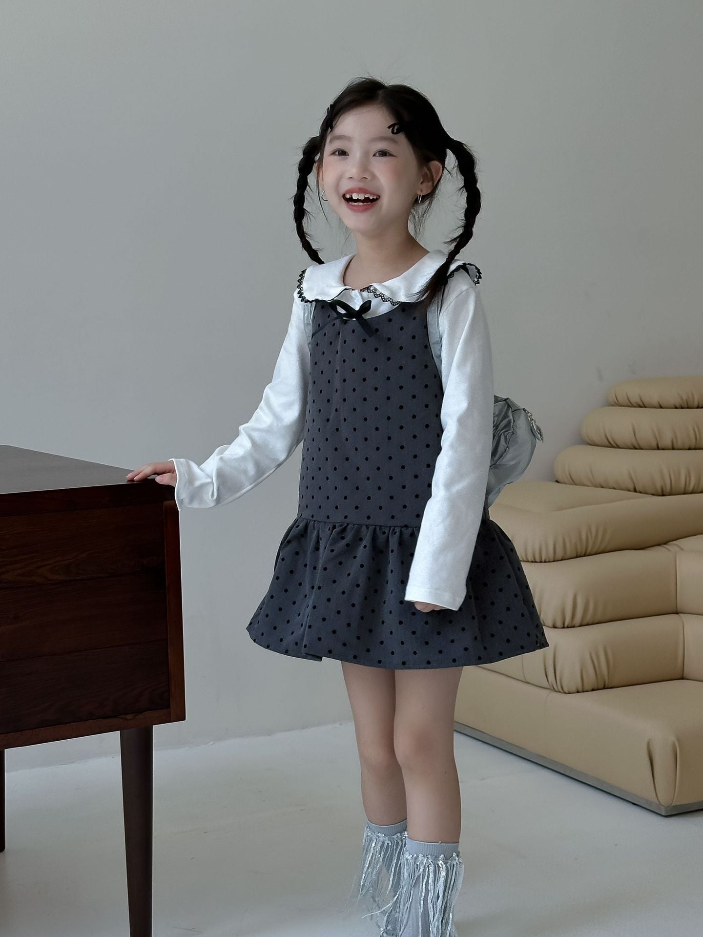 CA4671秋季女童蝴蝶結娃娃衫波點背心公主裙甜美兩件套2024.08.06