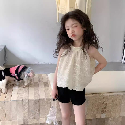 CJ4329夏季中大女童掛脖亮片上衣短褲兩件套裝2024.06.28