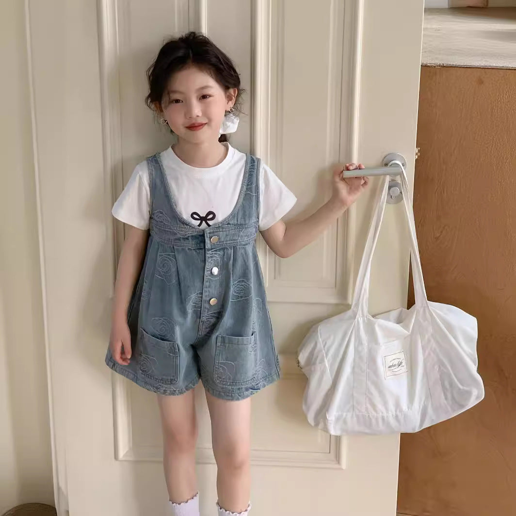 CJ3391夏季中大女童花朵牛仔背帶褲2024.06.28