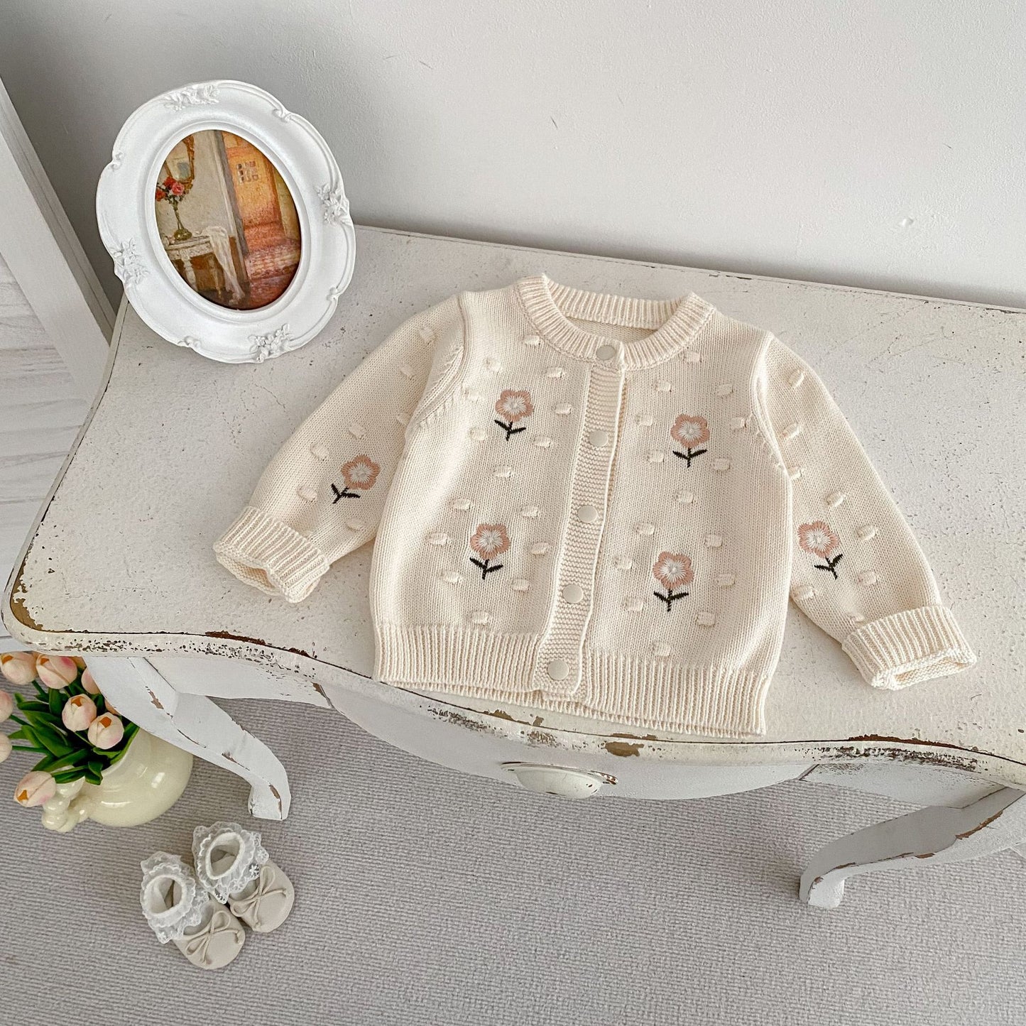 DK2097秋季女童甜美針織純棉花朵刺繡圓領長袖外套2024.07.05