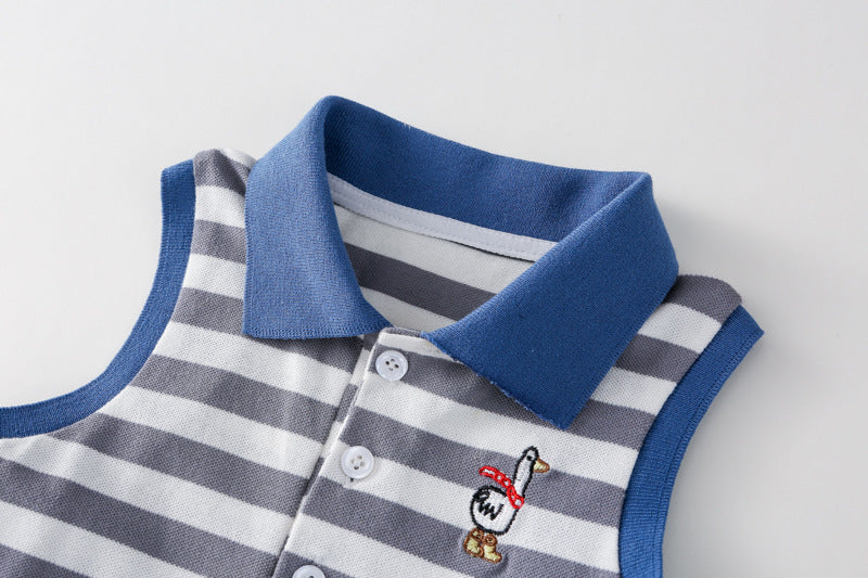 AM1693夏季刺繡條紋翻領蕾絲下擺背心連衣裙2024.03.29
