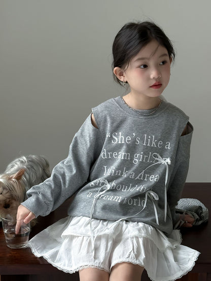 CA4159秋季女童甜美露肩蝴蝶結字母印花衛衣白色蛋糕裙兩件套2024.08.06