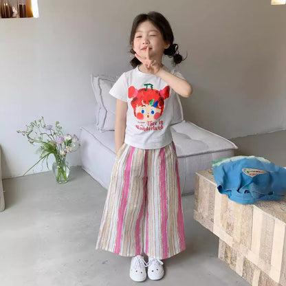 CJ3408夏季中大女童彩條寬鬆九分闊腿褲2024.06.28