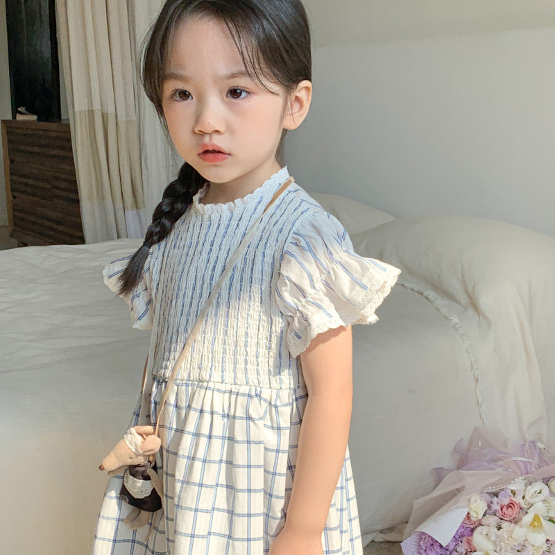 AM1689夏季韓版森系復古飛飛袖格子氣質連衣裙2024.03.29