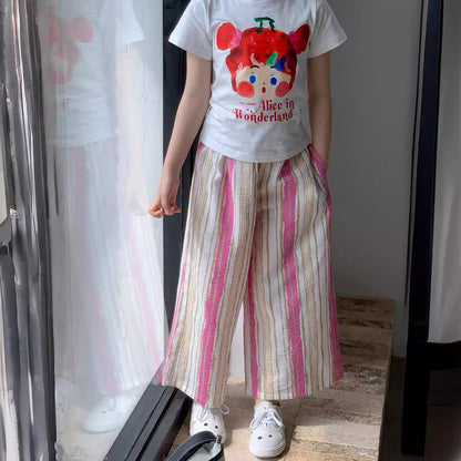 CJ3408夏季中大女童彩條寬鬆九分闊腿褲2024.06.28