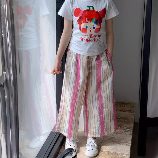 CJ3408夏季中大女童彩條寬鬆九分闊腿褲2024.06.28