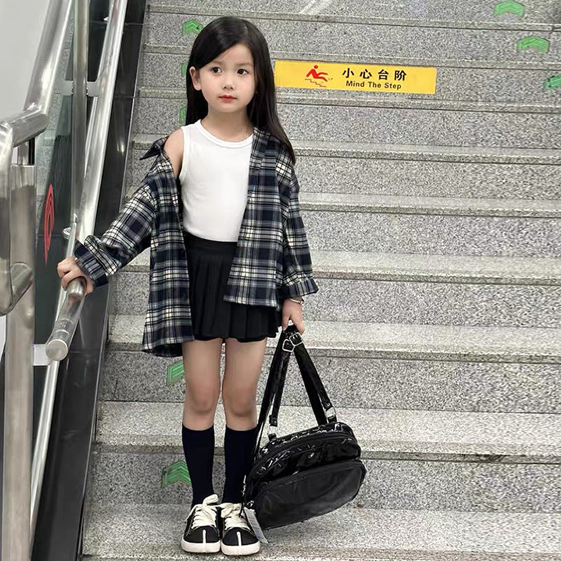 CA3559秋季韓版百搭格子襯衫純色打底背心百褶裙褲套裝2023.08.29
