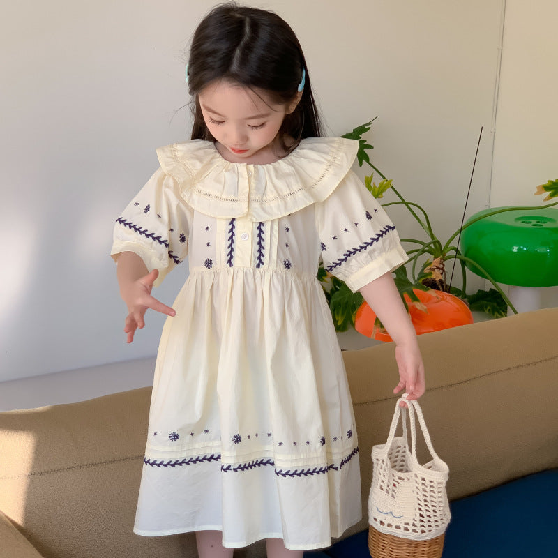 AM1682夏季復古宮廷風娃娃領刺繡花朵設計寬鬆泡泡袖裙子2024.03.29