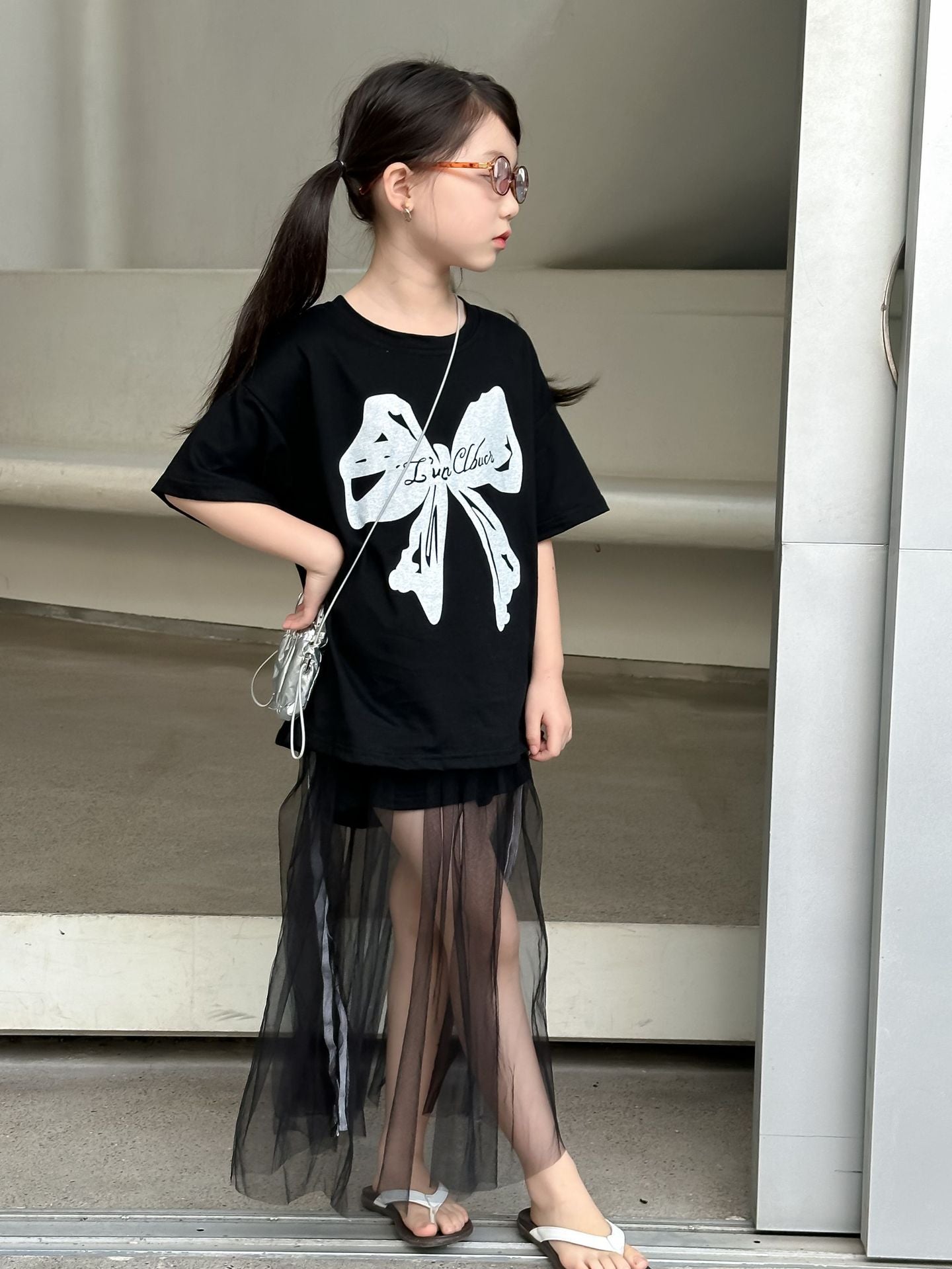 CJ4909韓版夏季女童蝴蝶結印花寬鬆短袖t恤紗裙兩件套2024.06.11