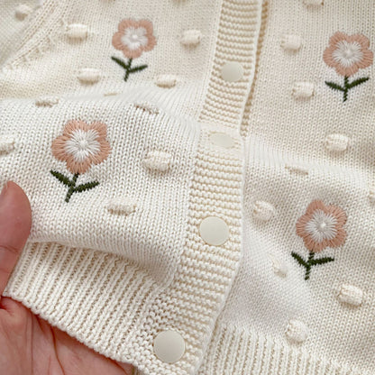 DK2097秋季女童甜美針織純棉花朵刺繡圓領長袖外套2024.07.05