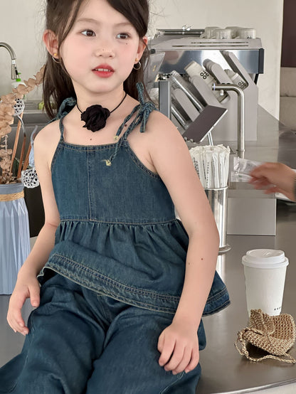 CJ4977韓版夏季女童辣妹風牛仔吊帶娃娃衫闊腿褲套裝兩件套2024.06.11