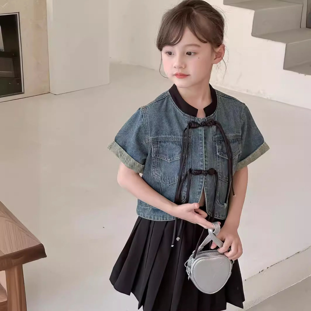 CA4865夏季新中式女童黑色盤扣短袖短款牛仔外套2024.04.09