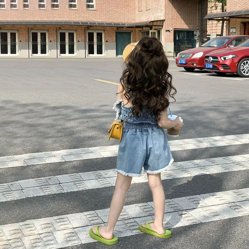 CJ2696韓版甜美可愛愛心牛仔吊帶兩件套裝2023.06.27
