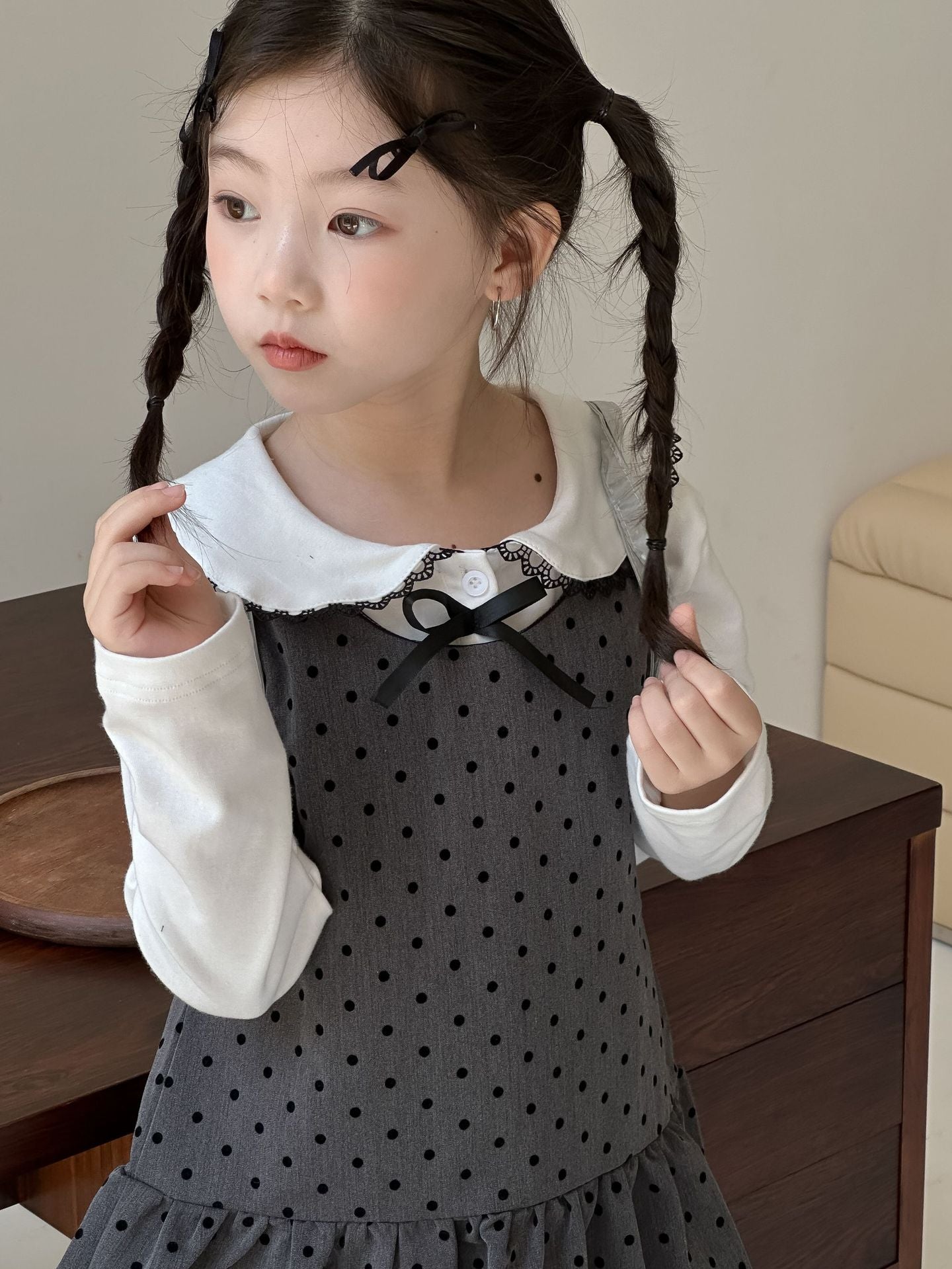CA4671秋季女童蝴蝶結娃娃衫波點背心公主裙甜美兩件套2024.08.06