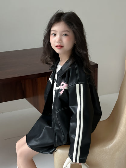 CA4770秋季女童辣妹風蝴蝶結PU皮衣短裙套裝2024.08.06