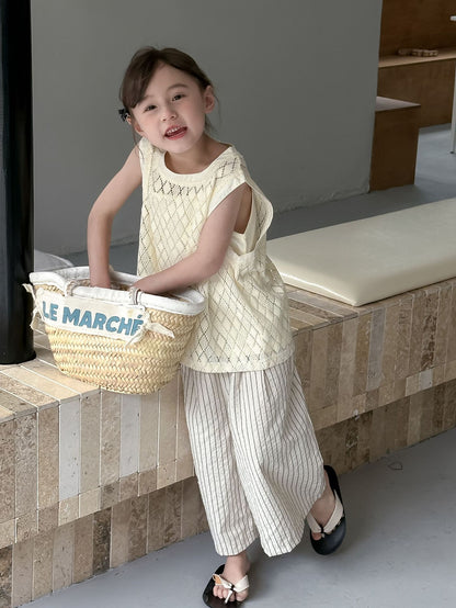 CA4960韓版夏季女童無袖上衣吊帶衫條紋褲三件套中大童女寶套裝2024.04.09