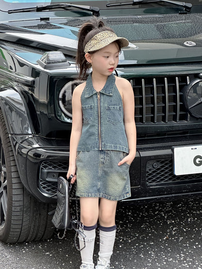 CJ4922夏季女童辣妹風牛仔露背上衣短裙套裝兩件套2024.06.11