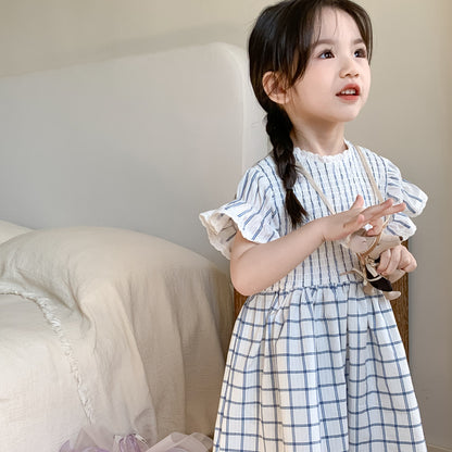 AM1689夏季韓版森系復古飛飛袖格子氣質連衣裙2024.03.29