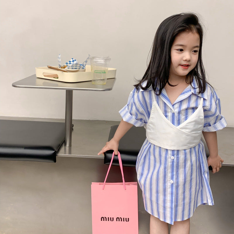 AJ1216夏季吊帶外搭女孩條紋襯衫連衣裙2024.06.07