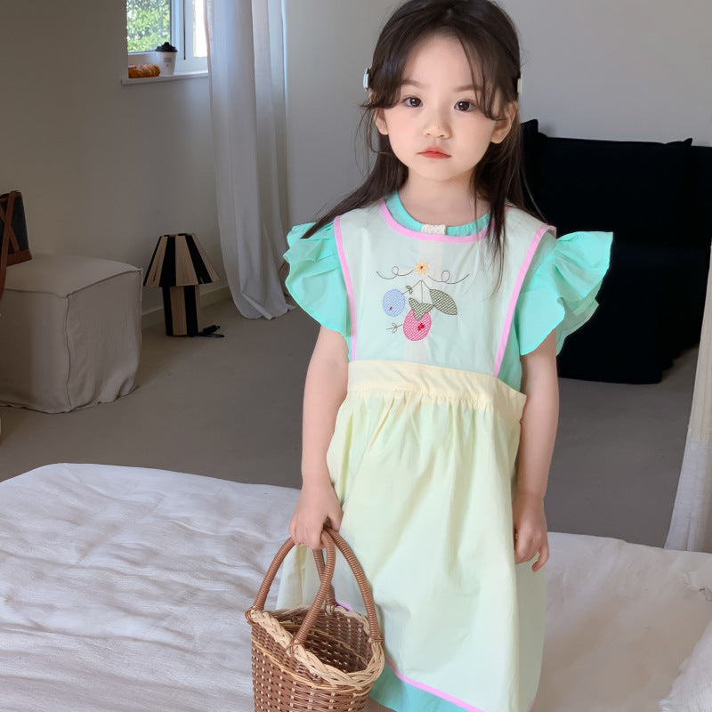 AM1679夏季韓版甜美棉布飛袖刺繡背心裙兩件套2024.03.29