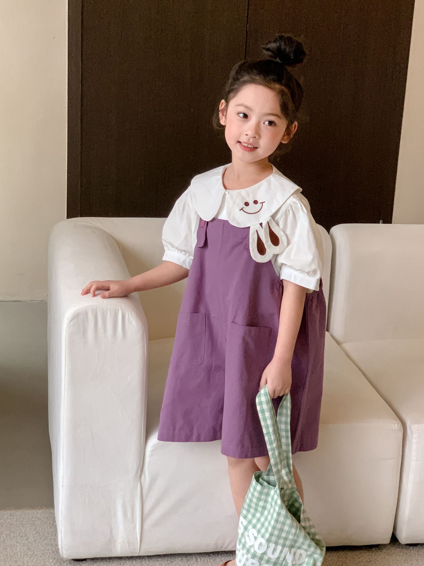 CM3362夏季女童兔子領娃娃衫+兔子耳朵背帶褲套裝兩件套2024.03.15