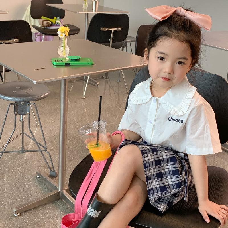 AJ1205夏季女童學院風短袖襯衫格子半裙兩件套套裝2024.06.07