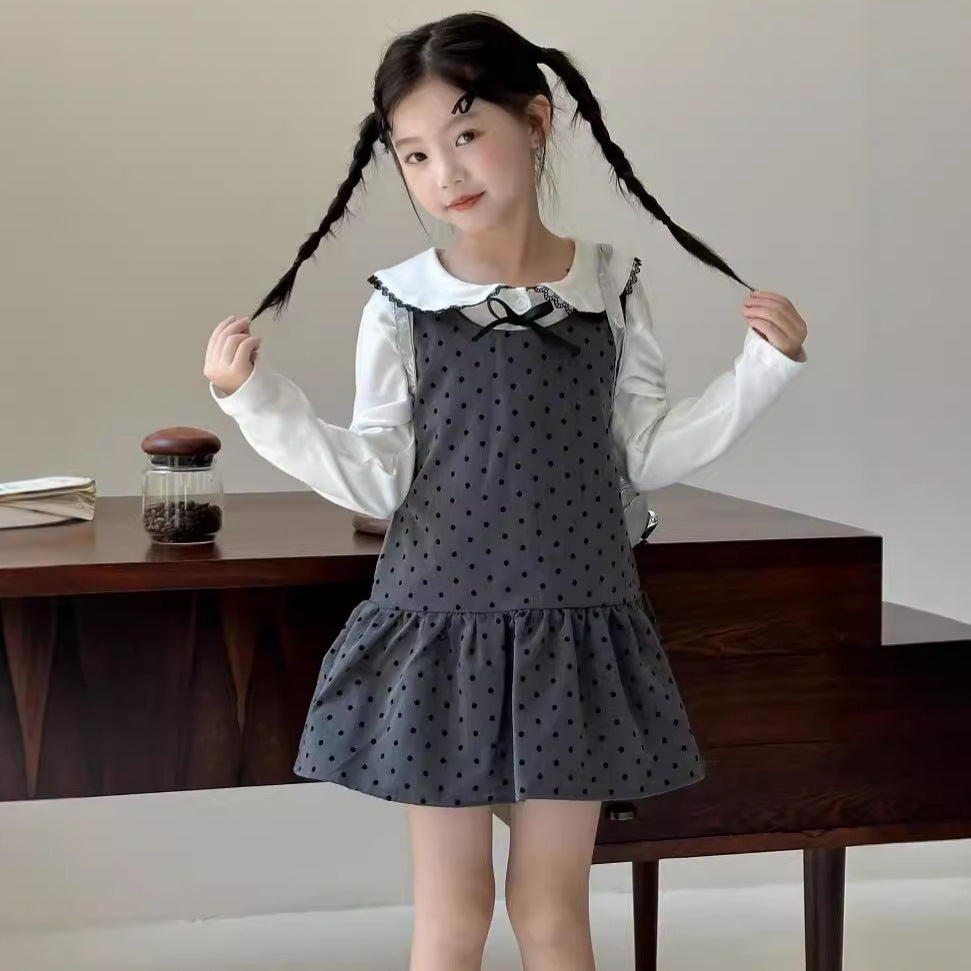 CA4671秋季女童蝴蝶結娃娃衫波點背心公主裙甜美兩件套2024.08.06