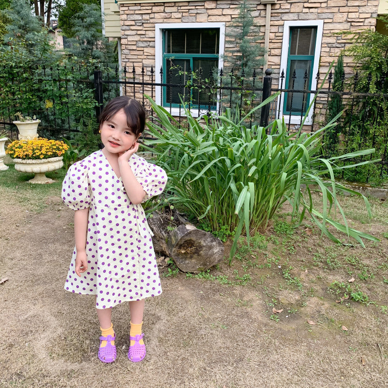 AJ7402韓版夏季女童波點泡泡袖系帶收腰公主連衣裙2024.06.07