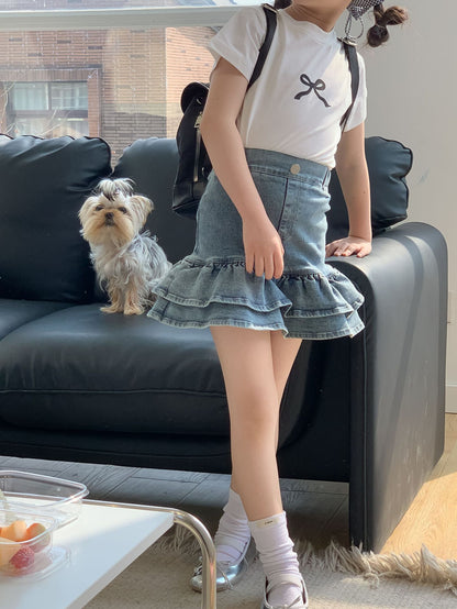 CJ4731韓版夏季中大女童牛仔半身花苞短裙2024.06.28