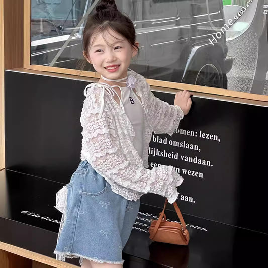 CJ4968夏季女童蕾絲純色防曬外套2024.06.11