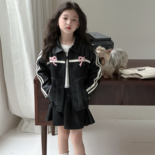 CA4770秋季女童辣妹風蝴蝶結PU皮衣短裙套裝2024.08.06