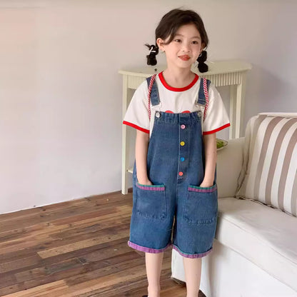 CJ4320夏季中大女童彩色扣子彩紗牛仔背帶褲2024.06.28
