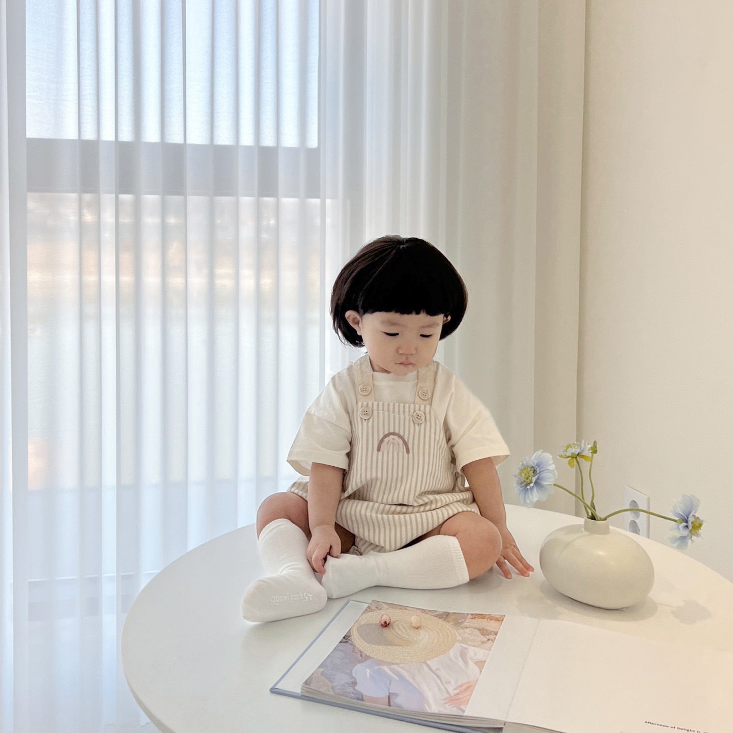 DK2420韓版薄棉短袖T恤+彩虹刺繡背帶褲兩件套裝2023.07.04