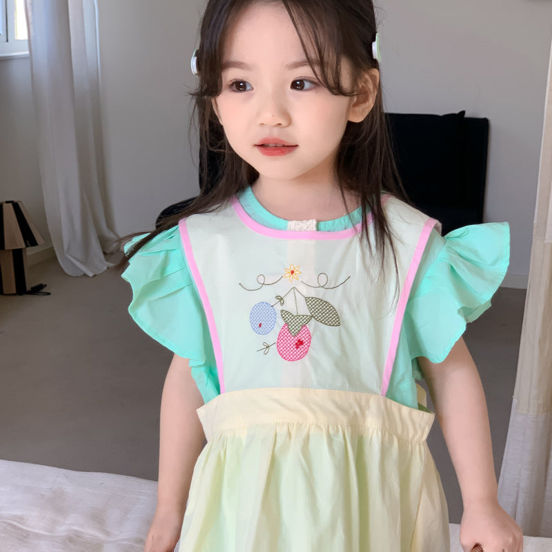 AM1679夏季韓版甜美棉布飛袖刺繡背心裙兩件套2024.03.29