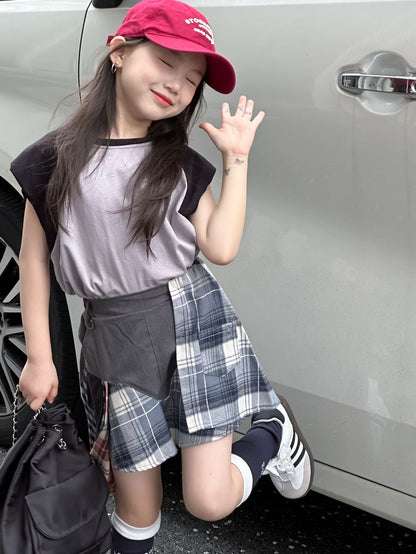 CJ4137夏季女童墊肩無袖t恤拼接短裙兩件套2024.06.11