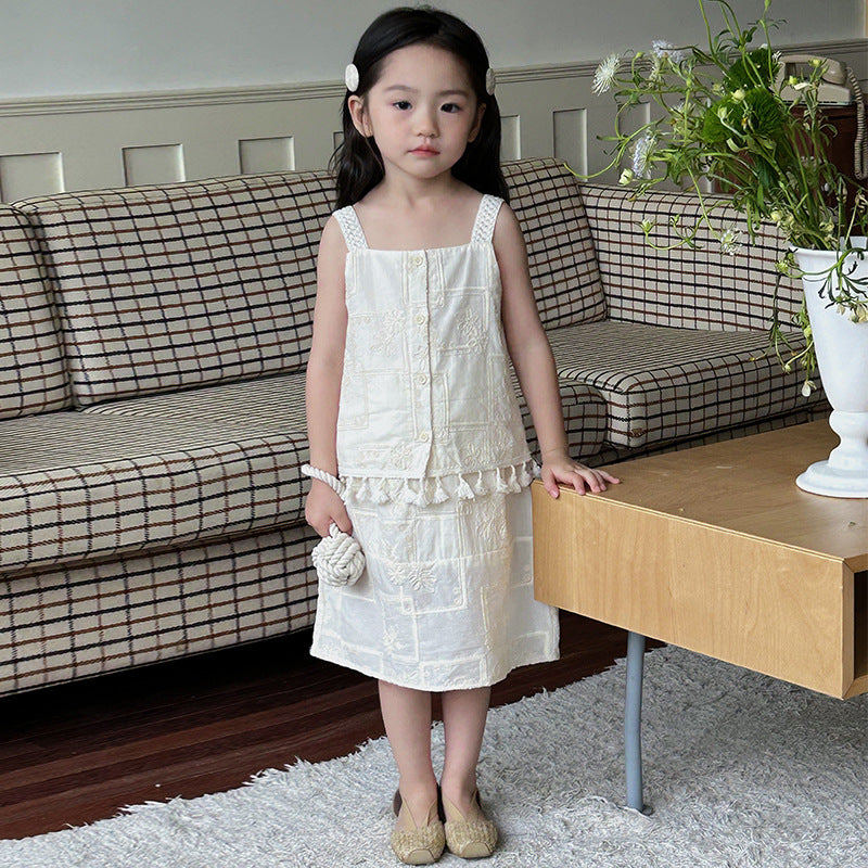 AJ1707夏季女童刺繡吊帶衫甜美半身裙兩件套套裝2024.06.07