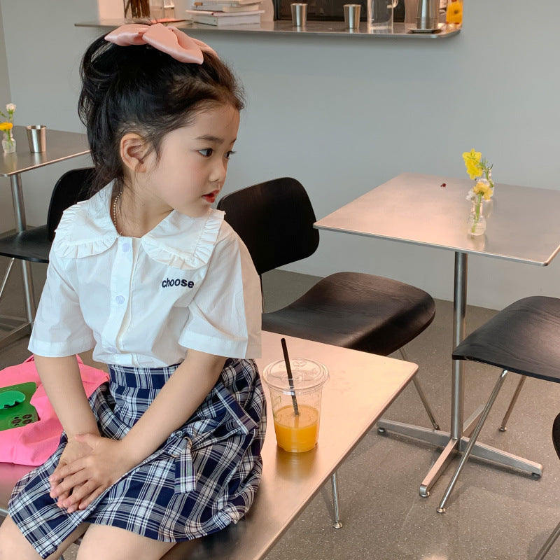 AJ1205夏季女童學院風短袖襯衫格子半裙兩件套套裝2024.06.07