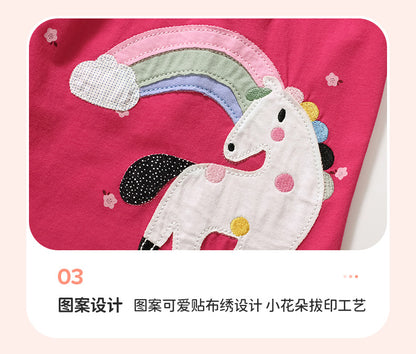 AM1860夏季休閒彩虹小馬花朵短袖連衣裙2024.03.05