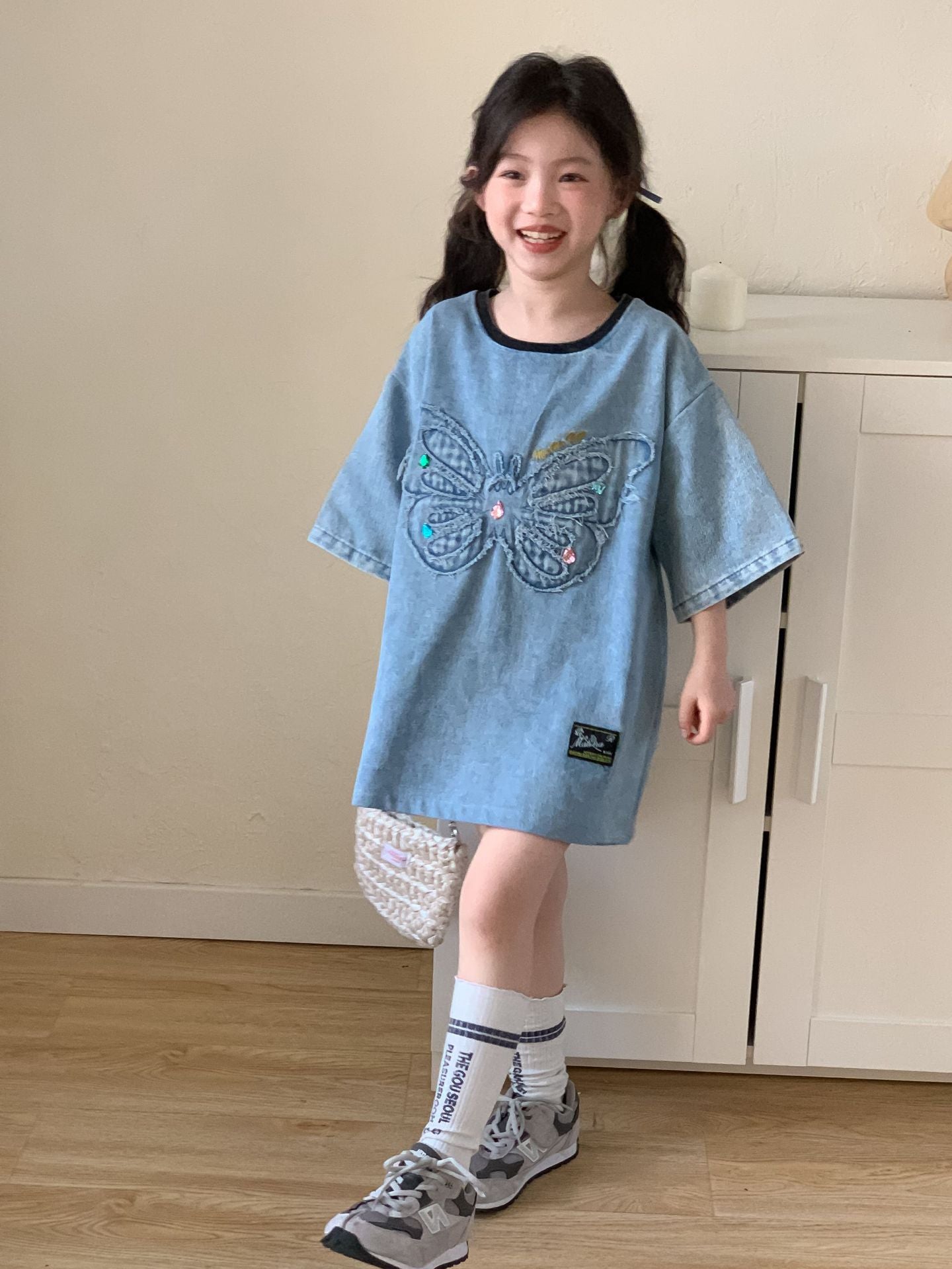 CA0181夏季中大童刺繡蝴蝶寬鬆設計感牛仔連衣裙2024.04.09