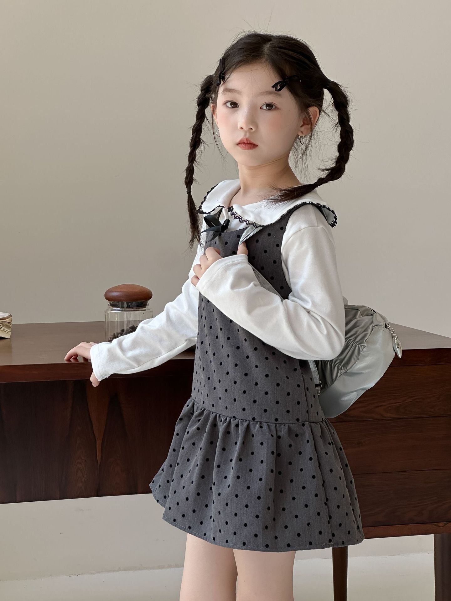 CA4671秋季女童蝴蝶結娃娃衫波點背心公主裙甜美兩件套2024.08.06