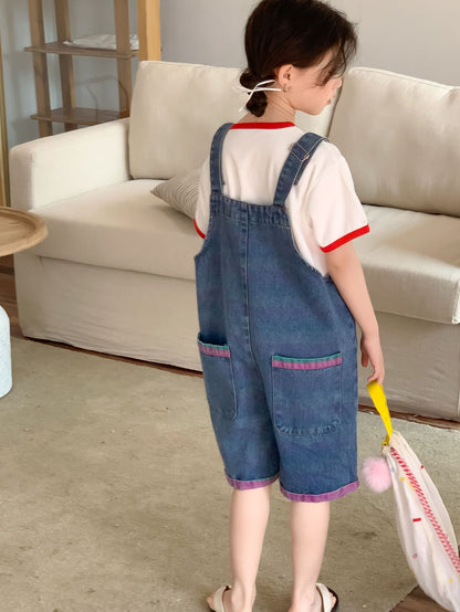 CJ4320夏季中大女童彩色扣子彩紗牛仔背帶褲2024.06.28