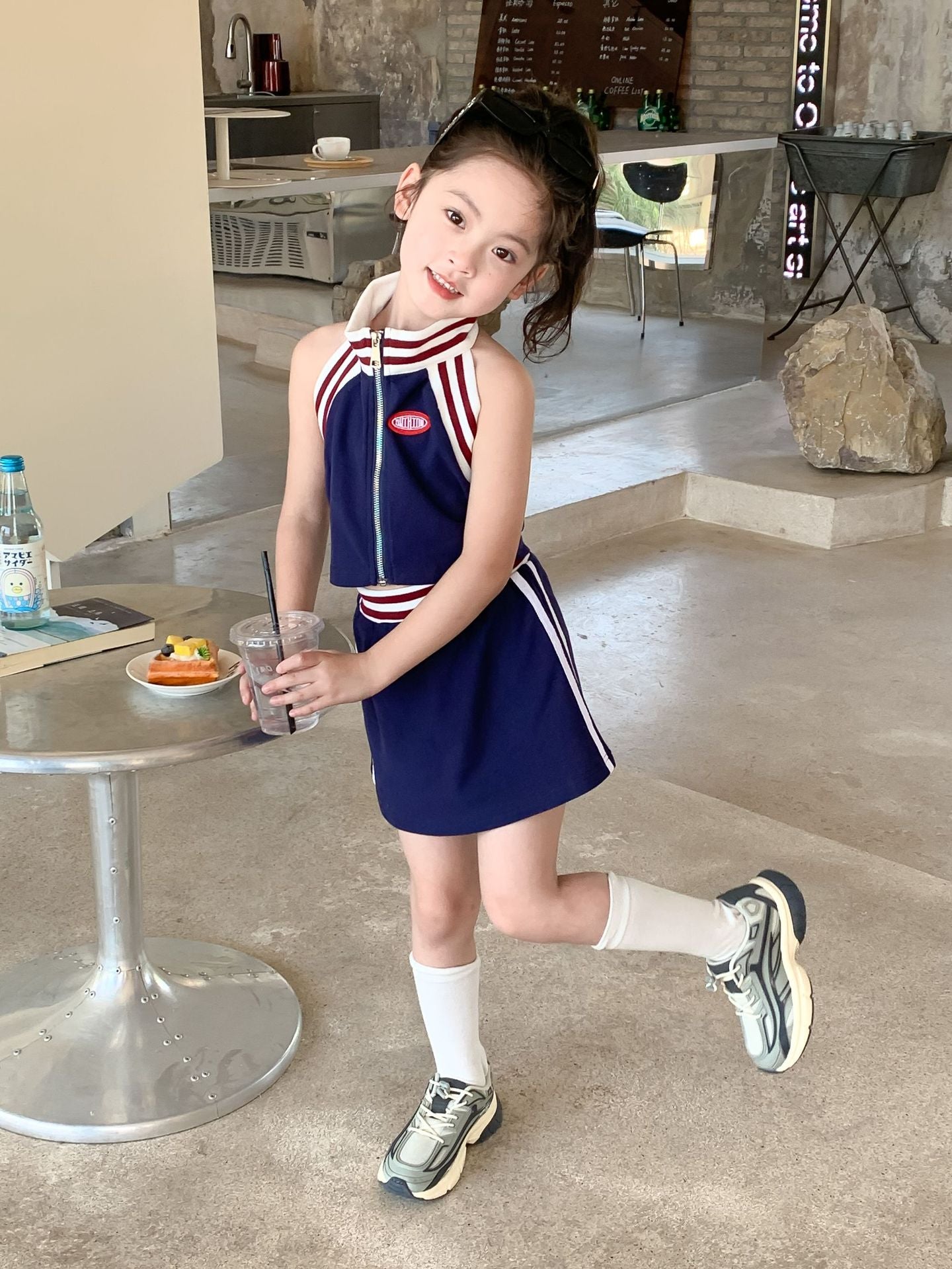 CM3205夏季辣妹風螺紋掛脖露背背心+短裙兩件套2024.03.15