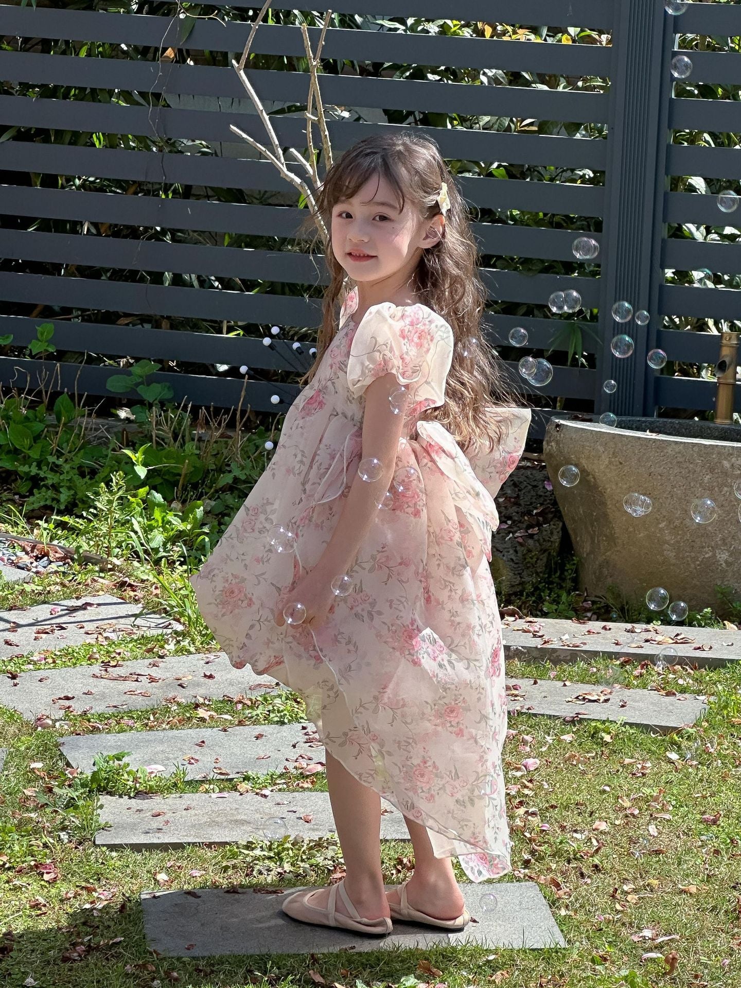 CJ4886夏季中大女童碎花蝴蝶結拖尾公主裙2024.06.28