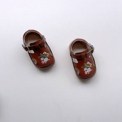 DN9207嬰兒鞋子夏季復古花朵刺繡女寶寶軟底防滑學步小皮鞋2024.05.17
